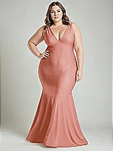 Alt View 2 Thumbnail - Desert Rose Shirred Shoulder Stretch Satin Mermaid Dress with Slight Train