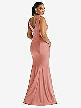 Rear View Thumbnail - Desert Rose Shirred Shoulder Stretch Satin Mermaid Dress with Slight Train