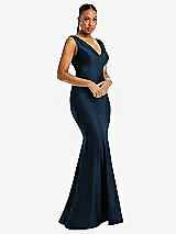 Alt View 1 Thumbnail - Midnight Navy Shirred Shoulder Stretch Satin Mermaid Dress with Slight Train