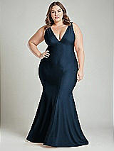 Alt View 2 Thumbnail - Midnight Navy Shirred Shoulder Stretch Satin Mermaid Dress with Slight Train