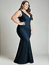 Alt View 3 Thumbnail - Midnight Navy Shirred Shoulder Stretch Satin Mermaid Dress with Slight Train