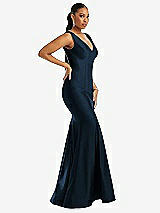 Side View Thumbnail - Midnight Navy Shirred Shoulder Stretch Satin Mermaid Dress with Slight Train