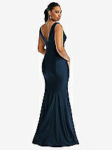 Rear View Thumbnail - Midnight Navy Shirred Shoulder Stretch Satin Mermaid Dress with Slight Train