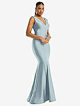 Alt View 1 Thumbnail - Mist Shirred Shoulder Stretch Satin Mermaid Dress with Slight Train