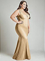 Alt View 3 Thumbnail - Soft Gold Shirred Shoulder Stretch Satin Mermaid Dress with Slight Train