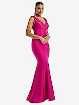 Alt View 1 Thumbnail - Think Pink Shirred Shoulder Stretch Satin Mermaid Dress with Slight Train