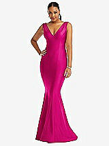 Front View Thumbnail - Think Pink Shirred Shoulder Stretch Satin Mermaid Dress with Slight Train