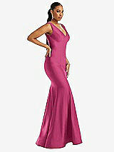 Side View Thumbnail - Tea Rose Shirred Shoulder Stretch Satin Mermaid Dress with Slight Train