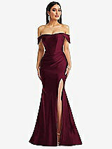 Alt View 1 Thumbnail - Cabernet Off-the-Shoulder Corset Stretch Satin Mermaid Dress with Slight Train