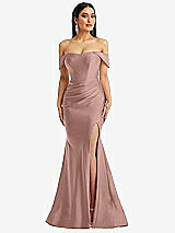 Alt View 1 Thumbnail - Neu Nude Off-the-Shoulder Corset Stretch Satin Mermaid Dress with Slight Train