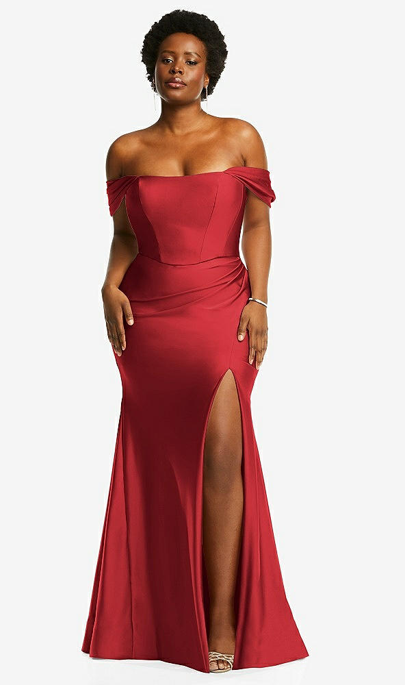 Front View - Poppy Red Off-the-Shoulder Corset Stretch Satin Mermaid Dress with Slight Train