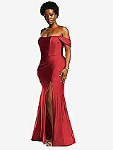 Side View Thumbnail - Poppy Red Off-the-Shoulder Corset Stretch Satin Mermaid Dress with Slight Train