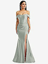 Alt View 1 Thumbnail - Willow Green Off-the-Shoulder Corset Stretch Satin Mermaid Dress with Slight Train