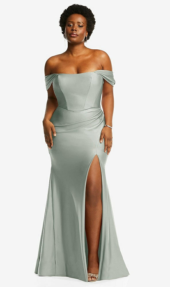 Front View - Willow Green Off-the-Shoulder Corset Stretch Satin Mermaid Dress with Slight Train