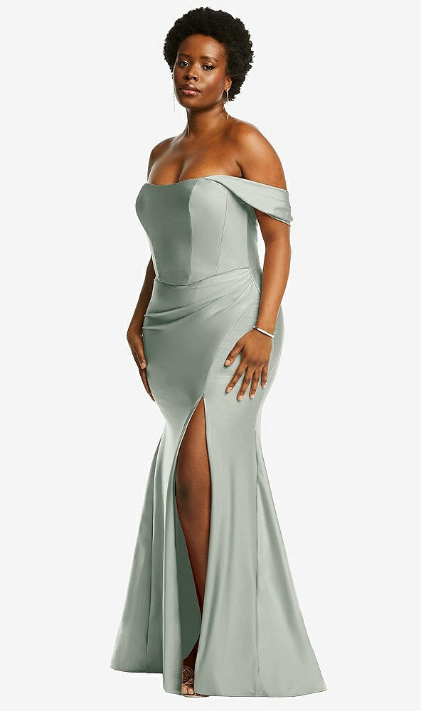 Back View - Willow Green Off-the-Shoulder Corset Stretch Satin Mermaid Dress with Slight Train