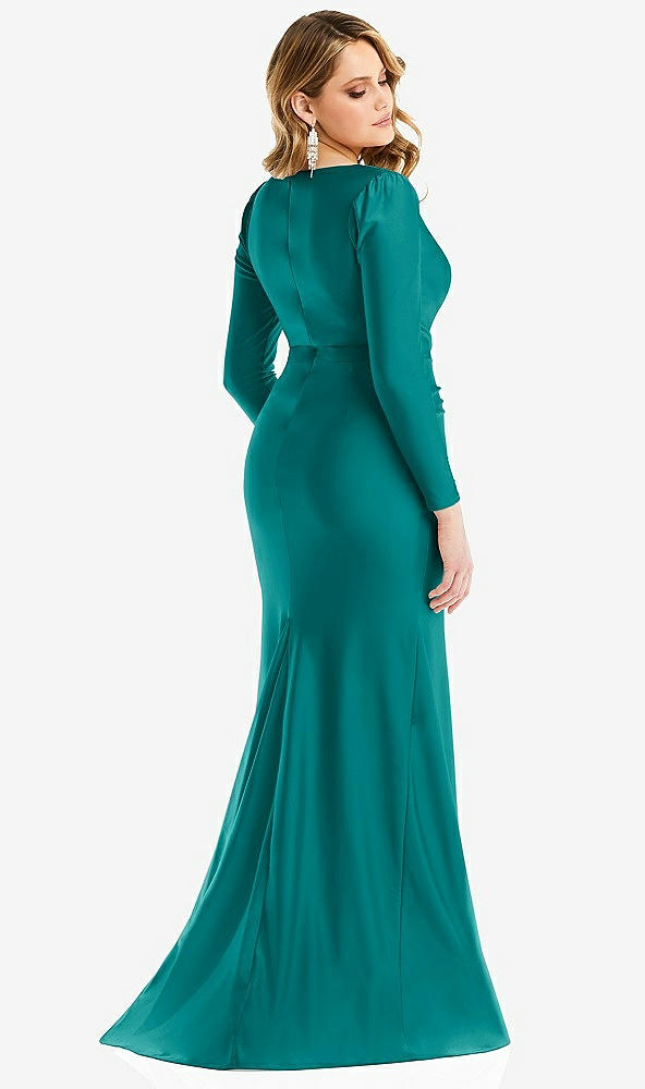 Back View - Peacock Teal Long Sleeve Draped Wrap Stretch Satin Mermaid Dress with Slight Train