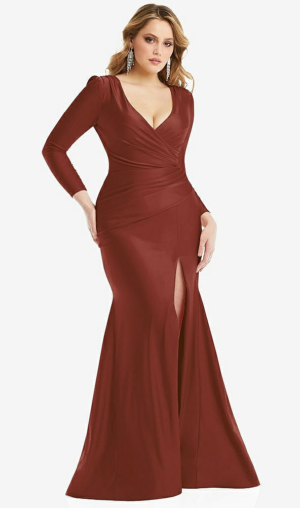 Front View - Auburn Moon Long Sleeve Draped Wrap Stretch Satin Mermaid Dress with Slight Train