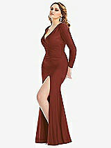 Side View Thumbnail - Auburn Moon Long Sleeve Draped Wrap Stretch Satin Mermaid Dress with Slight Train