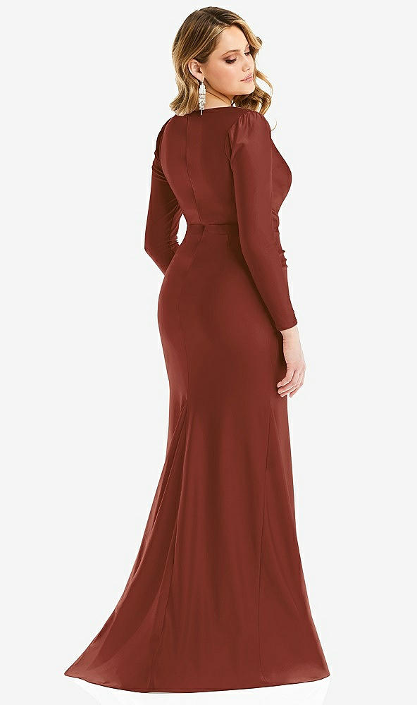 Back View - Auburn Moon Long Sleeve Draped Wrap Stretch Satin Mermaid Dress with Slight Train