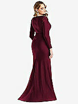 Rear View Thumbnail - Cabernet Long Sleeve Draped Wrap Stretch Satin Mermaid Dress with Slight Train