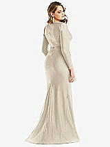 Rear View Thumbnail - Champagne Long Sleeve Draped Wrap Stretch Satin Mermaid Dress with Slight Train