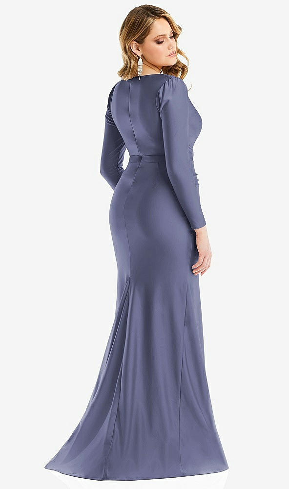 Back View - French Blue Long Sleeve Draped Wrap Stretch Satin Mermaid Dress with Slight Train