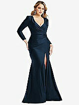 Front View Thumbnail - Midnight Navy Long Sleeve Draped Wrap Stretch Satin Mermaid Dress with Slight Train