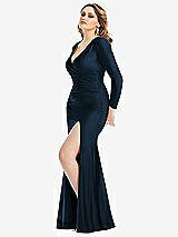 Side View Thumbnail - Midnight Navy Long Sleeve Draped Wrap Stretch Satin Mermaid Dress with Slight Train