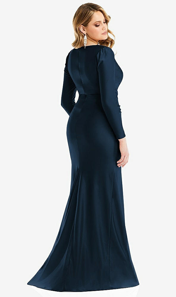 Back View - Midnight Navy Long Sleeve Draped Wrap Stretch Satin Mermaid Dress with Slight Train