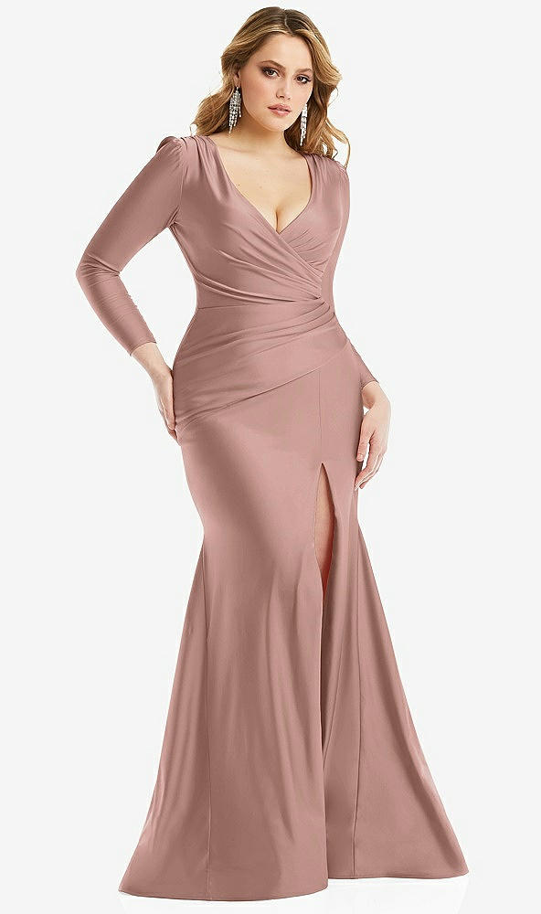 Front View - Neu Nude Long Sleeve Draped Wrap Stretch Satin Mermaid Dress with Slight Train