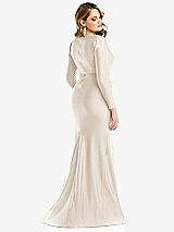 Rear View Thumbnail - Oat Long Sleeve Draped Wrap Stretch Satin Mermaid Dress with Slight Train