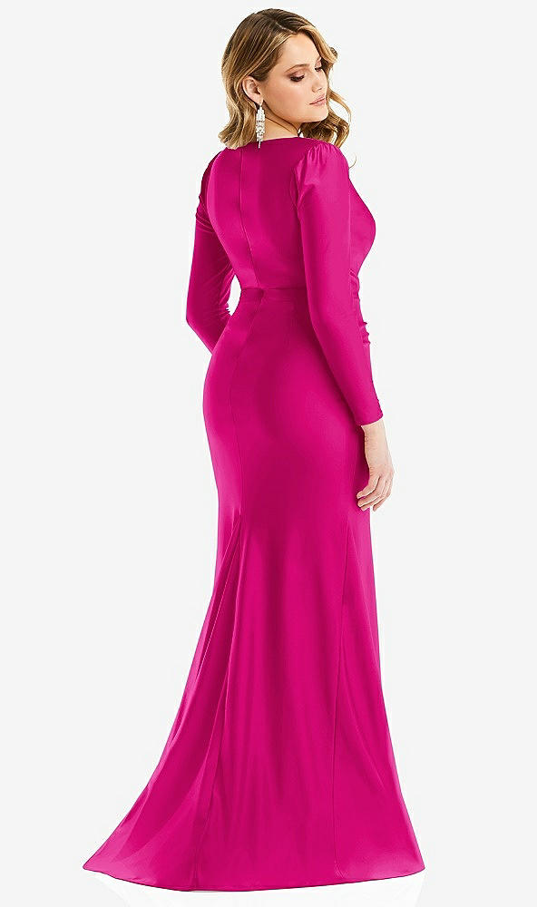 Back View - Think Pink Long Sleeve Draped Wrap Stretch Satin Mermaid Dress with Slight Train