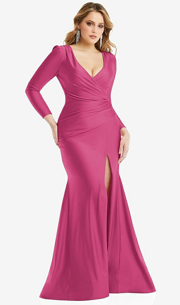 Front View - Tea Rose Long Sleeve Draped Wrap Stretch Satin Mermaid Dress with Slight Train