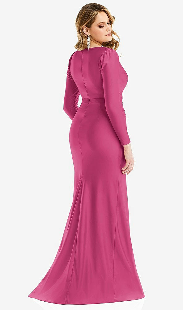 Back View - Tea Rose Long Sleeve Draped Wrap Stretch Satin Mermaid Dress with Slight Train