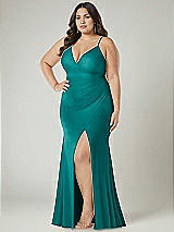 Alt View 1 Thumbnail - Peacock Teal Deep V-Neck Stretch Satin Mermaid Dress with Slight Train