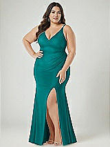 Alt View 2 Thumbnail - Peacock Teal Deep V-Neck Stretch Satin Mermaid Dress with Slight Train