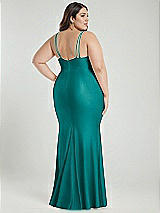 Alt View 3 Thumbnail - Peacock Teal Deep V-Neck Stretch Satin Mermaid Dress with Slight Train