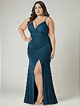 Alt View 1 Thumbnail - Atlantic Blue Deep V-Neck Stretch Satin Mermaid Dress with Slight Train