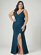 Alt View 2 Thumbnail - Atlantic Blue Deep V-Neck Stretch Satin Mermaid Dress with Slight Train