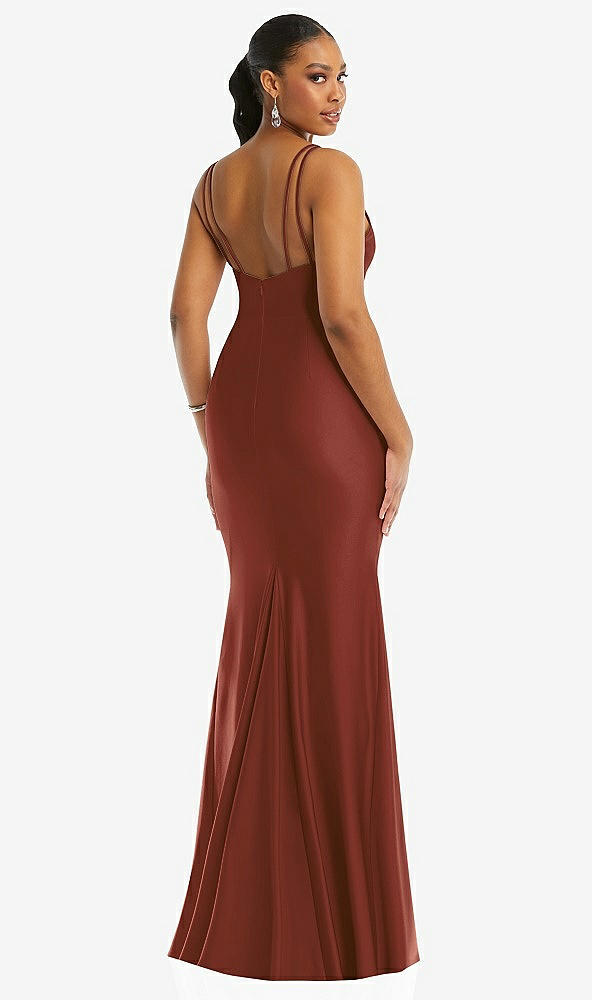 Back View - Auburn Moon Deep V-Neck Stretch Satin Mermaid Dress with Slight Train