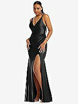 Front View Thumbnail - Black Deep V-Neck Stretch Satin Mermaid Dress with Slight Train