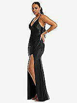 Side View Thumbnail - Black Deep V-Neck Stretch Satin Mermaid Dress with Slight Train