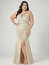 Alt View 2 Thumbnail - Champagne Deep V-Neck Stretch Satin Mermaid Dress with Slight Train