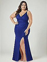 Alt View 2 Thumbnail - Cobalt Blue Deep V-Neck Stretch Satin Mermaid Dress with Slight Train