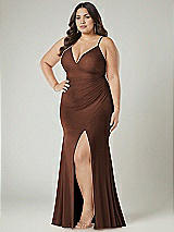 Alt View 1 Thumbnail - Cognac Deep V-Neck Stretch Satin Mermaid Dress with Slight Train