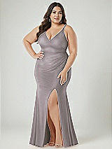 Alt View 2 Thumbnail - Cashmere Gray Deep V-Neck Stretch Satin Mermaid Dress with Slight Train