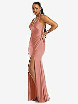 Side View Thumbnail - Desert Rose Deep V-Neck Stretch Satin Mermaid Dress with Slight Train