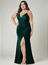 Alt View 1 Thumbnail - Evergreen Deep V-Neck Stretch Satin Mermaid Dress with Slight Train