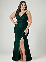 Alt View 2 Thumbnail - Evergreen Deep V-Neck Stretch Satin Mermaid Dress with Slight Train