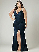 Alt View 1 Thumbnail - Midnight Navy Deep V-Neck Stretch Satin Mermaid Dress with Slight Train